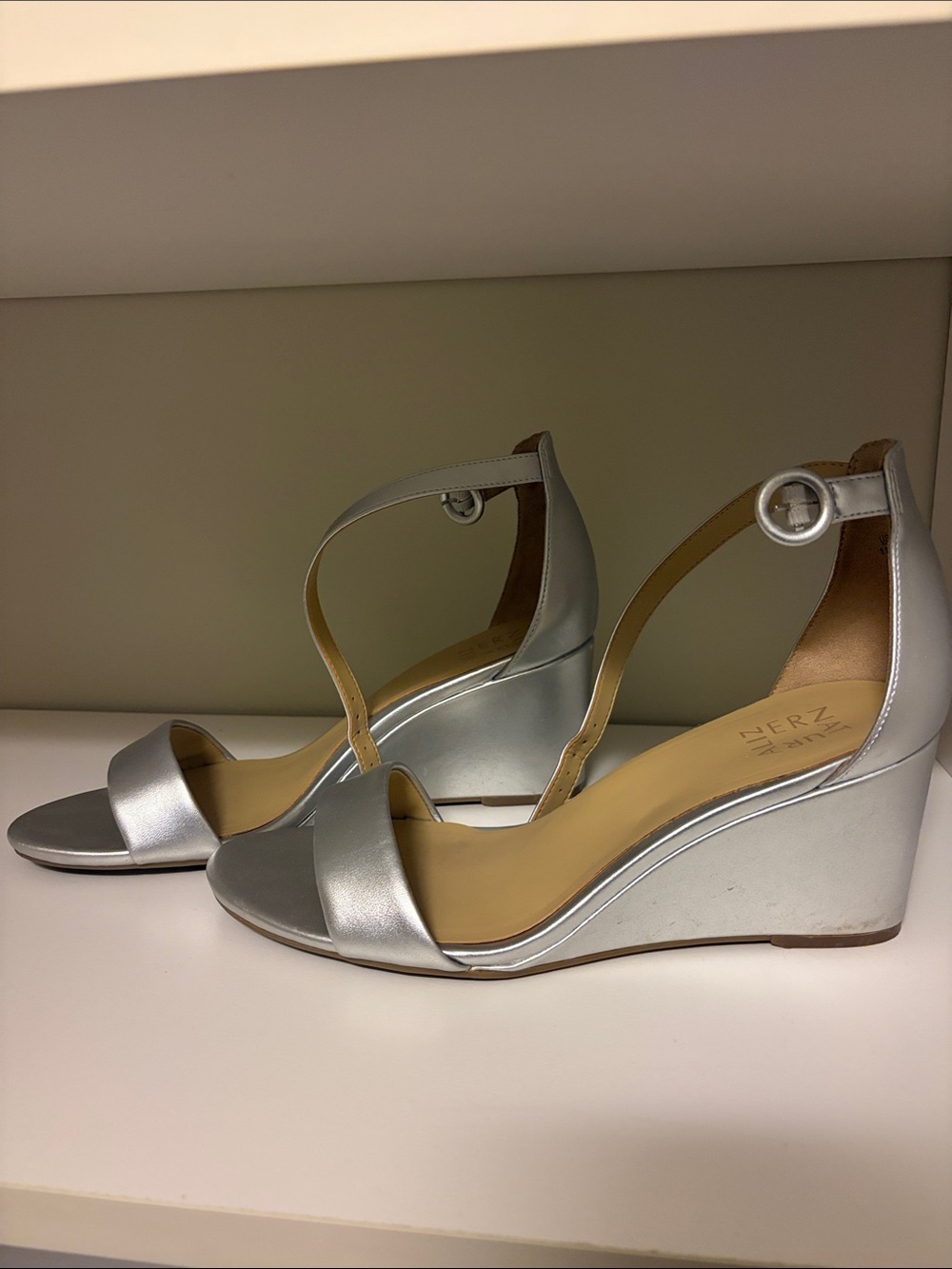 Silver Wedge Sandals with Ankle Strap
